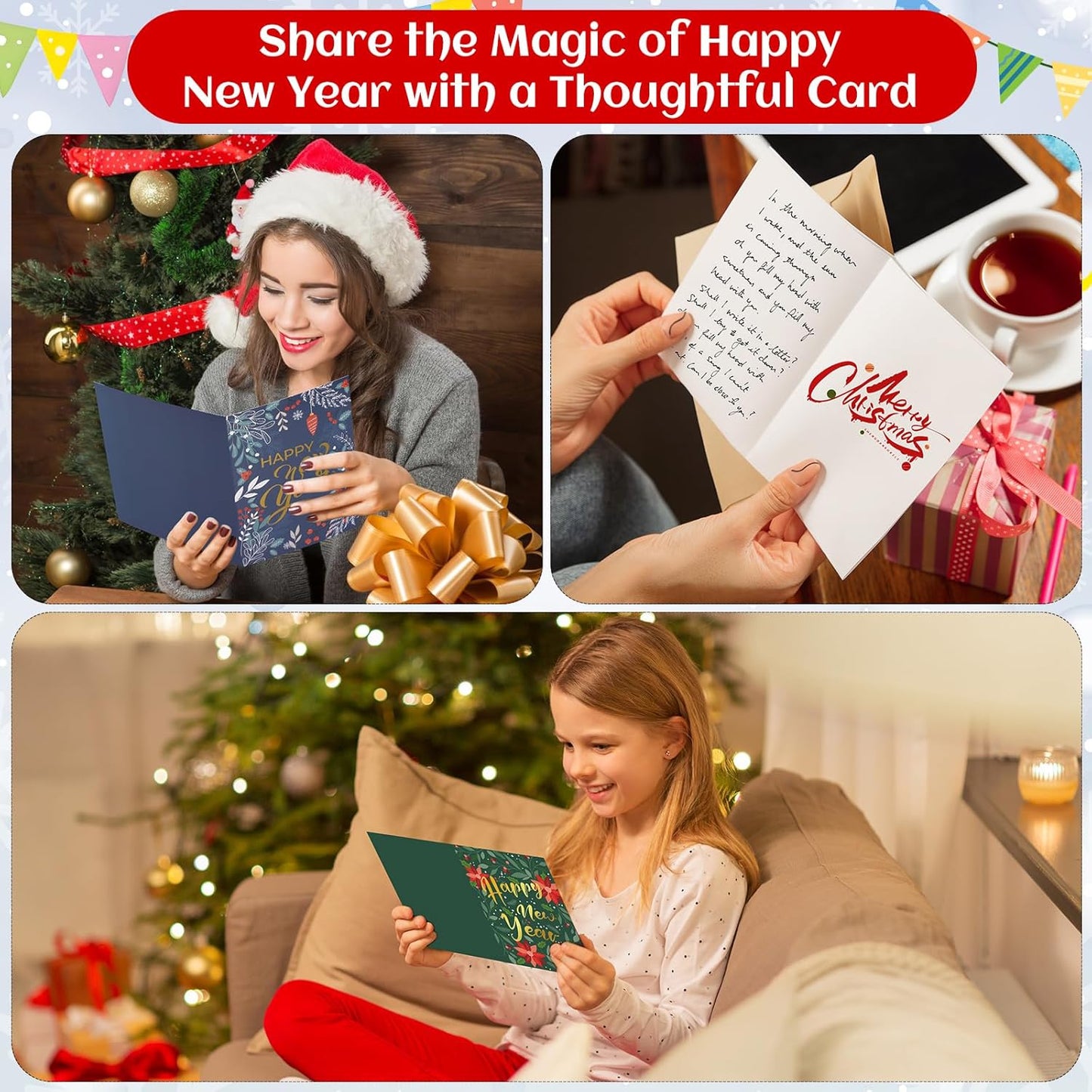 24 Pack Happy New Year Cards with Envelopes & Stickers - 5 * 7in Gold Foiled Happy New Year Greeting Cards 6 Design with Printed Message Inside for Family Friend Teacher Classmate
