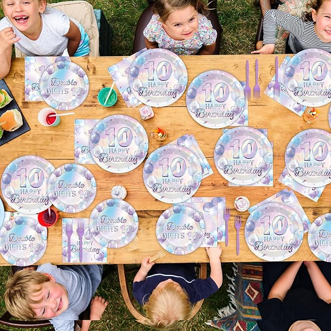 96Pcs Iridescent 10th Birthday Paper Plates and Napkins for Double Digits Party Dessert Cake Plates Disposable Decor 10 Years Old Parties Set for Kids Girls Boys 10-Year-Old Birthday Decorations