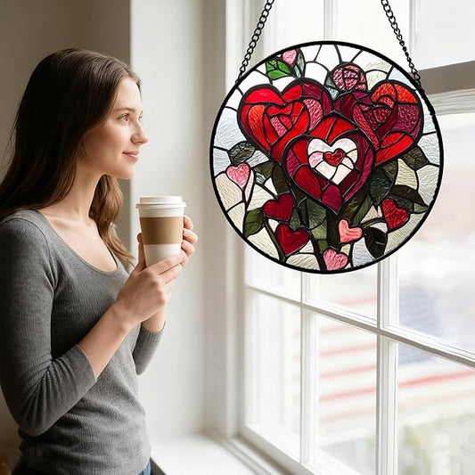 Stained Glass Window Hanging Red Heart-Shaped Roses Large 15" - Flower Suncatcher Door Garden Sun Catcher Decor Birthday Anniversary Valentines Day Gifts for Woman Wife Men Her Him Lovers