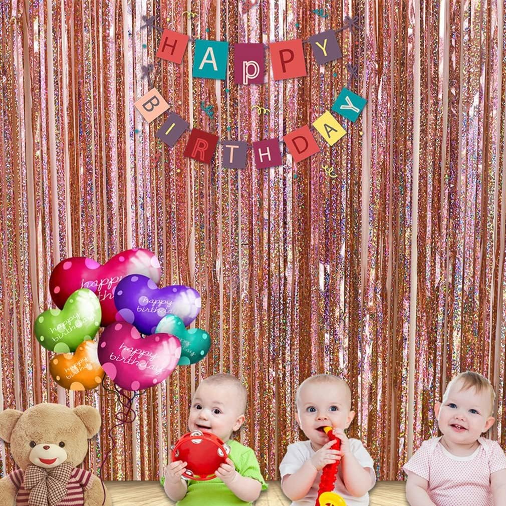 Tinsel Fringe Backdrop Party Decor Foil Curtain Party Decorations for Birthday Holiday Celebration Graduation Baby Shower Engagement Bachelorette Wedding Photo Booth Props(Sparkle Rose Gold)