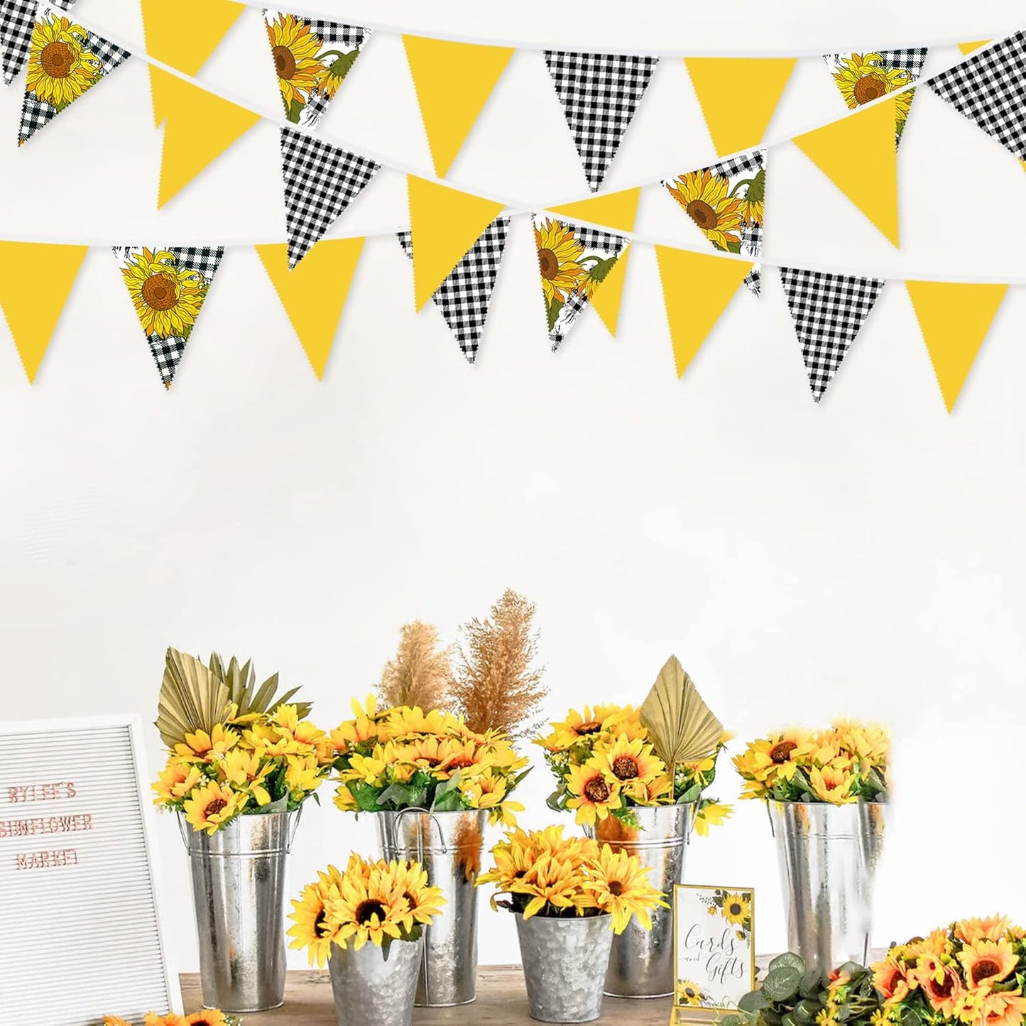 32Ft Yellow and Black Plaid Sunflower Pennant Banner Fabric Triangle Flag Bunting Garland for Sunflower Spring Summer Birthday Wedding Baby Bridal Shower Tea Party Outdoor Garden Hanging Decorations