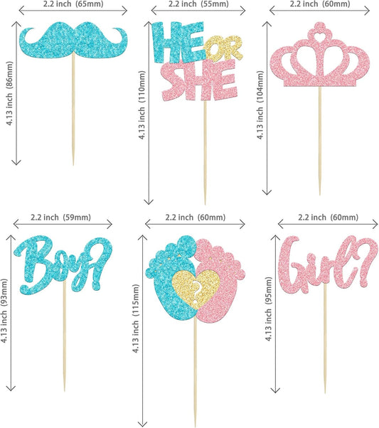24Pcs Boy or Girl Cupcake Toppers Pink Blue Glitter Crown Moustache Baby Shower Cupcake Picks He or She Footprint Cake Topper Decorations for Gender Reveal Theme Baby Shower Kids Birthday Party