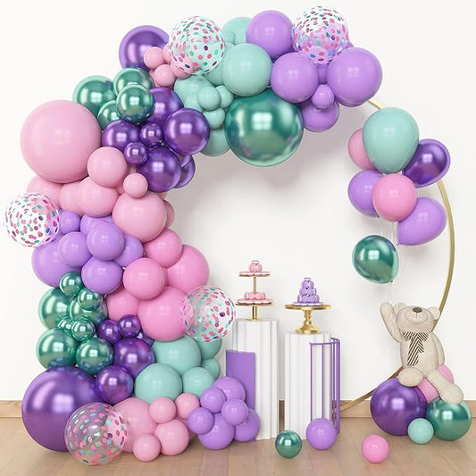 Amandir 153pcs Mermaid Balloon Garland Arch Kit, Different Sizes 18 12 10 5 inch Purple Pink Green Latex Metallic Confetti Balloons for Girl Ocean Themed Party Decorations