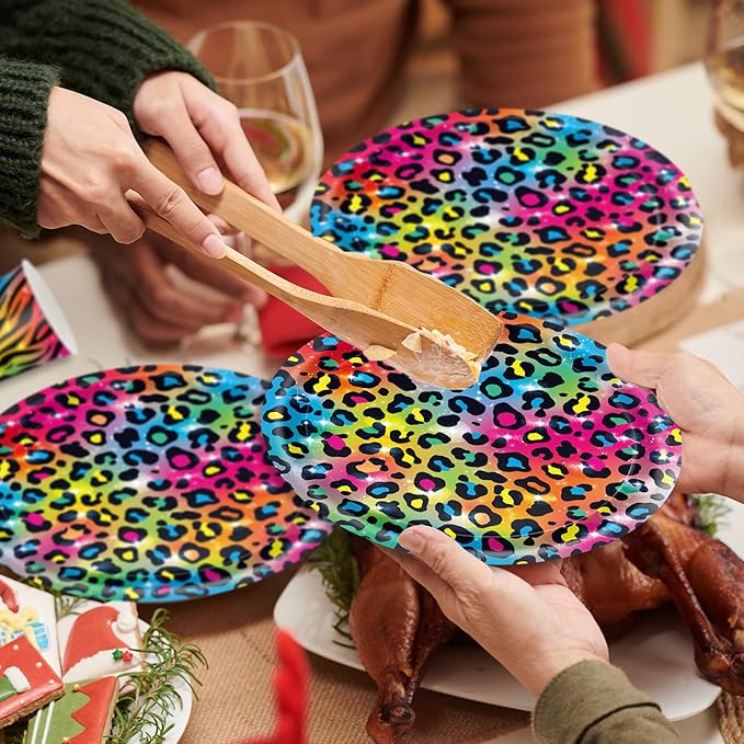 120pcs Neon Rainbow Leopard Birthday Party Supplies Sparkly Splatter Paper Tableware Set Include Leopard Plates Napkins Tiger Print Cups for Girls Neon Cheetah Birthday Party Decorations Serve 24