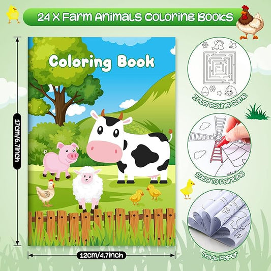 BenLouis 24 Farm Animals Mini Coloring Books Kids with 24 Stacking Crayons Barn Party Favors Activity Books Bulk for Kids Farm Cow Horse Birthday Goodie Bag Gift Stuffer Classroom Reward
