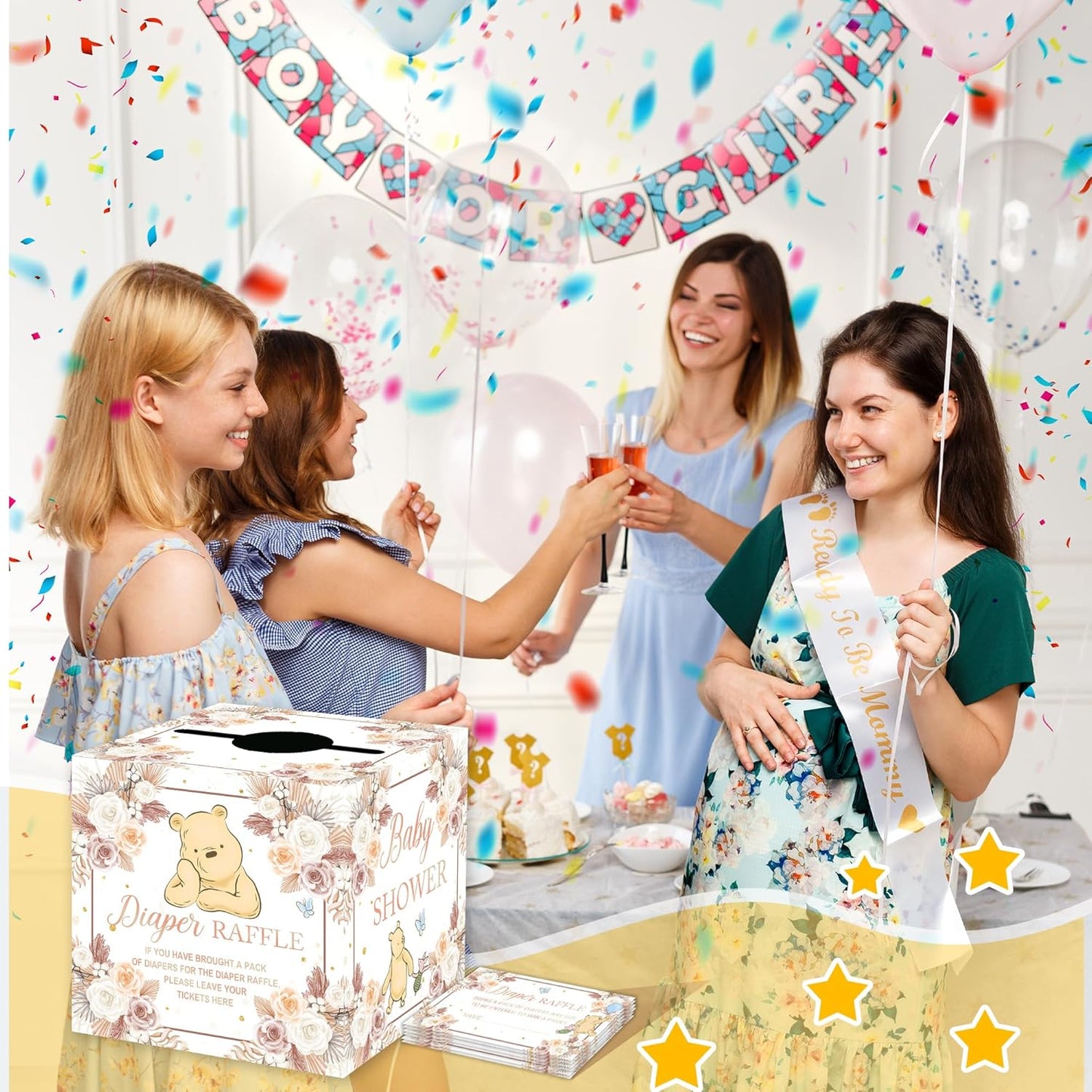 Winnie Baby Shower Decorations-Winnie Baby Shower Games-Pooh Party Decorations-Baby Shower Diaper Raffle Box With 50PCS Winnie Cards-flower