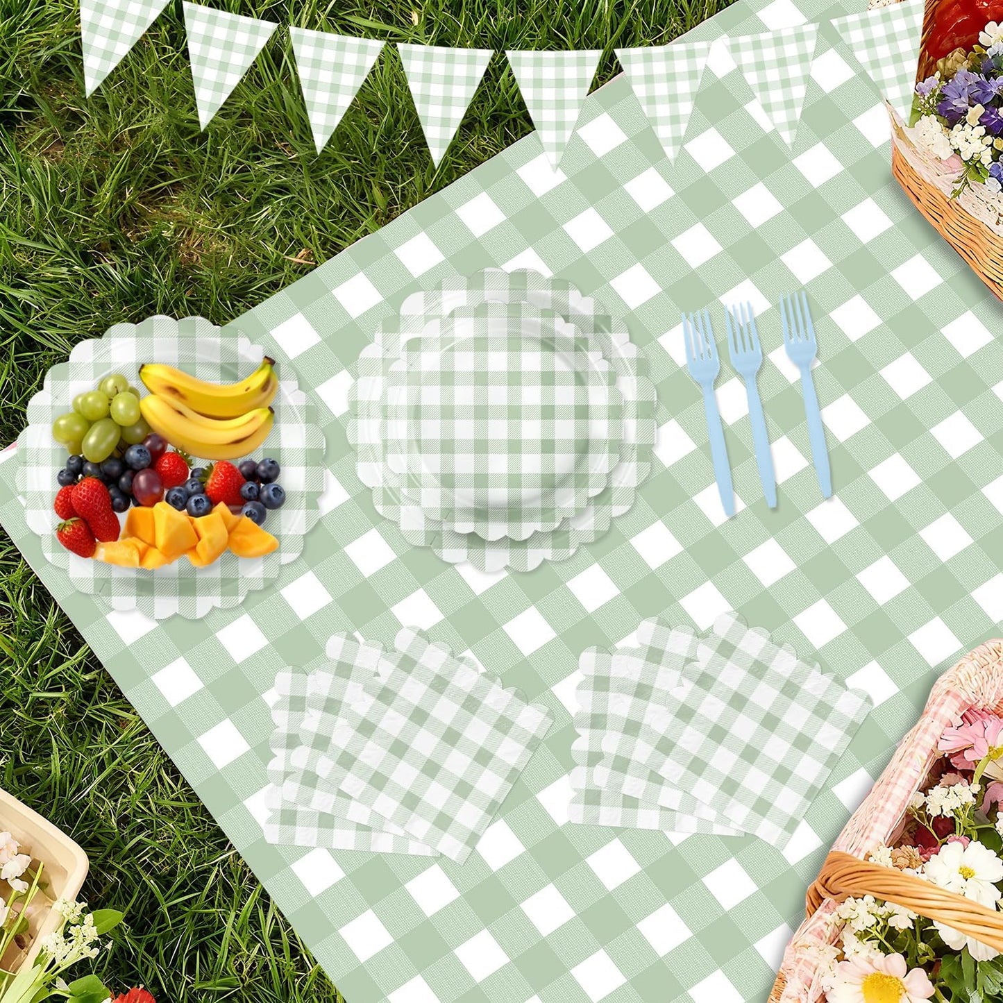 102 PCS Sage Green Gingham Party Supplies - Scalloped Plates, Napkins, Cups, Forks, Banner, Gingham Tablecloth for Baby Shower, Wedding, Birthday, Serves 25