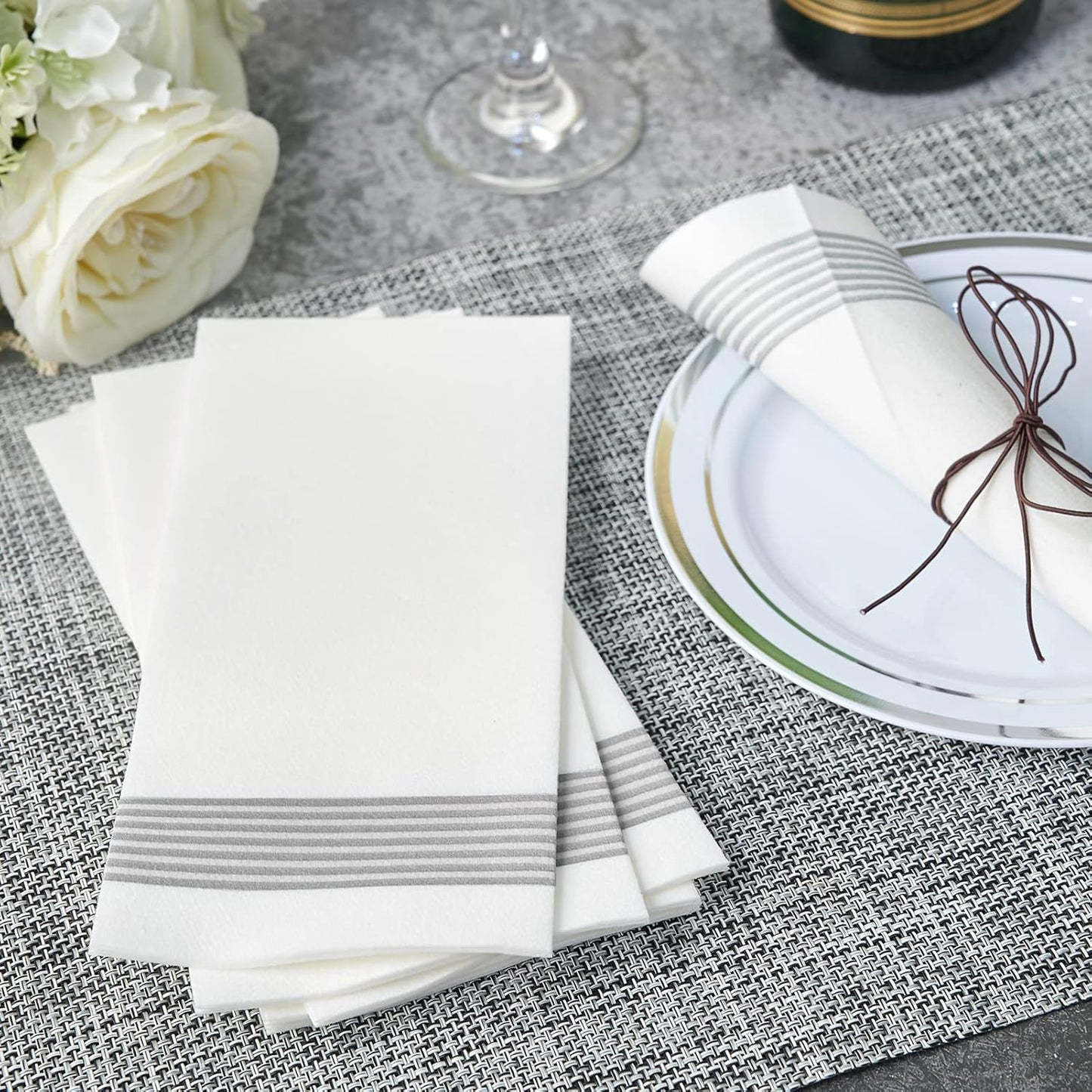 LITOPAK 300 Pack Disposable Guest Towels, Disposable Hand Towels for Bathroom, Paper Dinner Napkins for the Kitchen, Soft, Party Napkins, and Wedding Napkins(Silver)