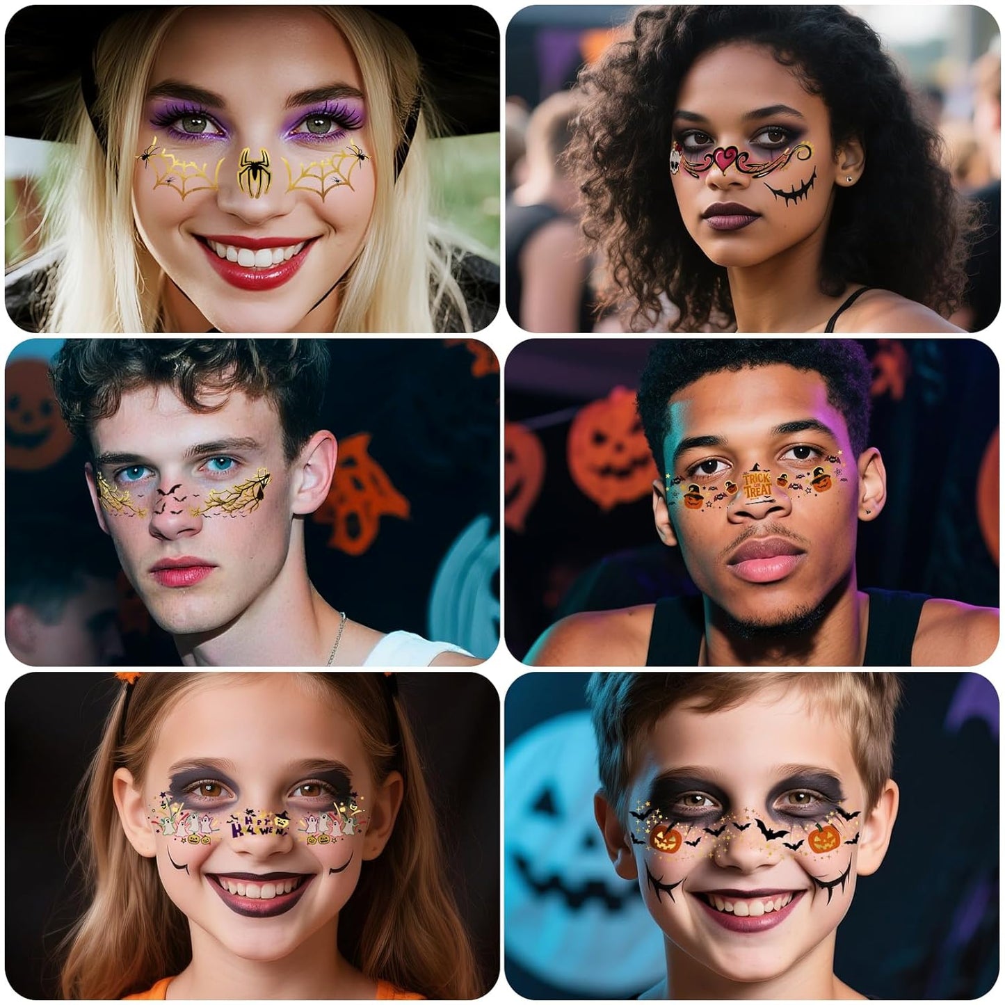 12pcs Halloween Glitter Freckles Face Tattoos Makeup Patches with Pumpkin, Bat, Spider, Witch, Skull, Love Heart, Flowers Design, Face Temporary Tattoos for Adults Kids Rave Accessories