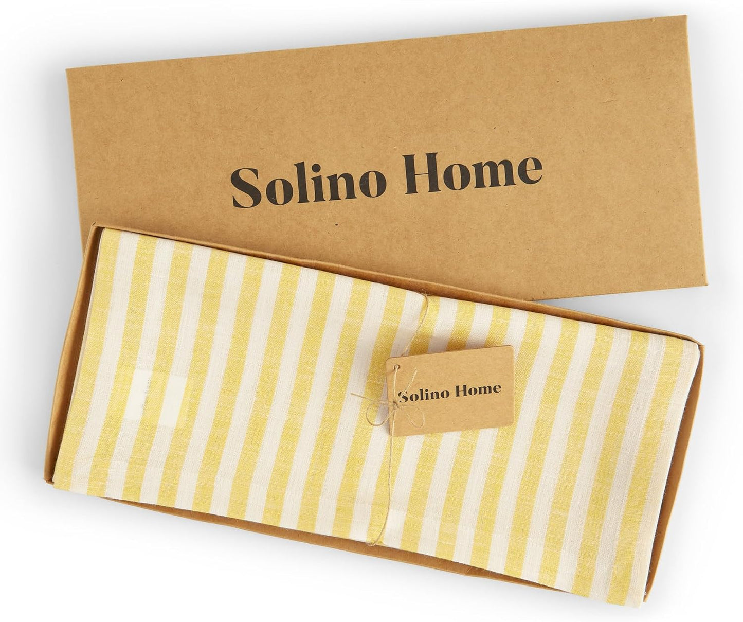 Solino Home Linen Table Runner 120 Inches Long - Amalfi Stripe, 100% Pure Linen Primrose Yellow and White Table Runner 14 x 120 Inch for Dining