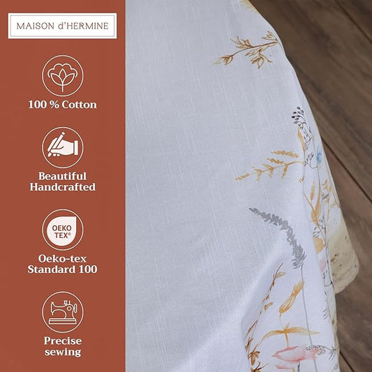 Maison d' Hermine Table Cloth Round Table 100% Cotton 69 Round Inches Tablecloth Reusable Decorative for Dining Room Farmhouse Home Valentines Day Decorations Spring Summer - Meadow Florals - Beige