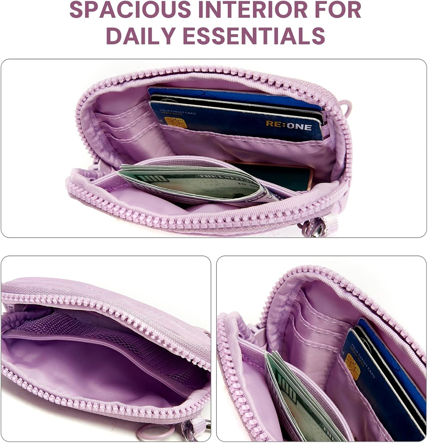 Keychain Wallet for Women Mini Zip Card Holder with ID Window Coin Purse Detachable Wristlet Small Wallets Light Purple