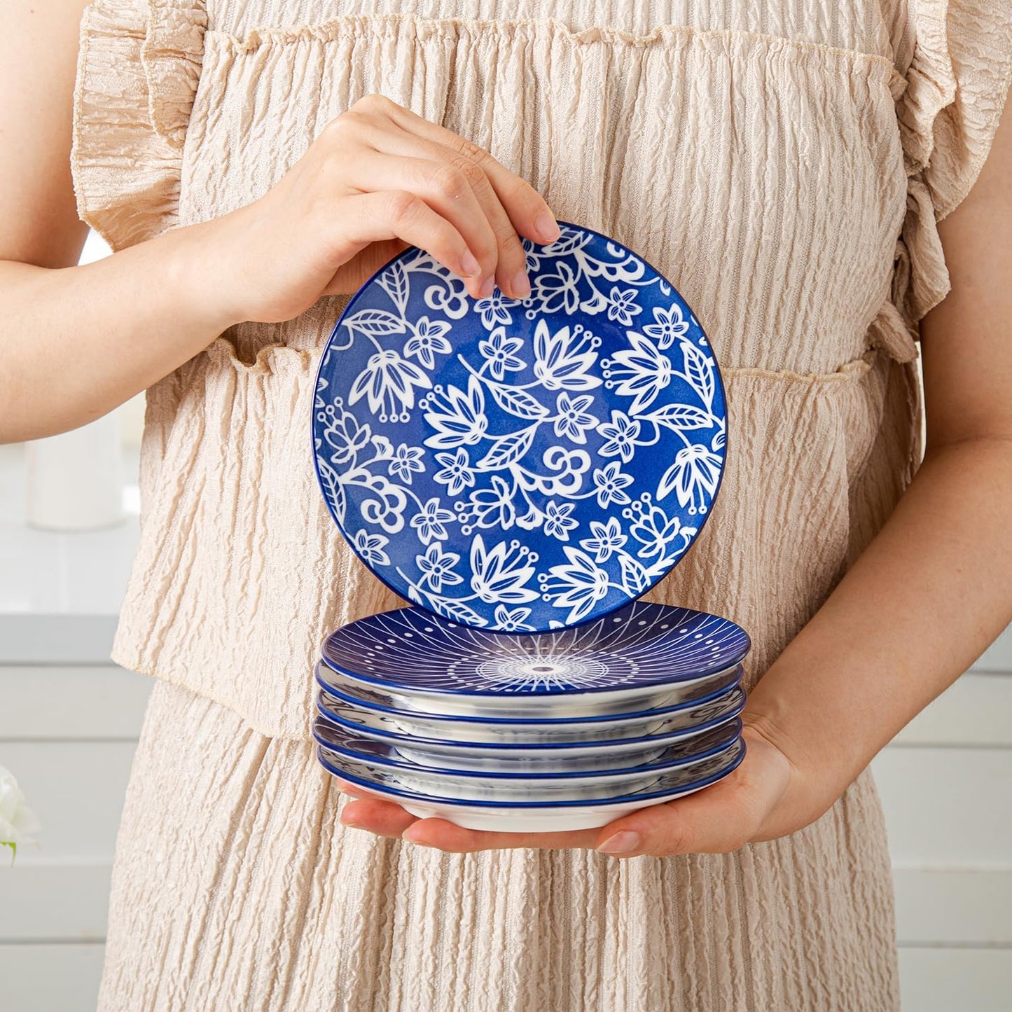 Ceramic Dessert Plates Set - 6 Inch Small Appetizer Plates for Kitchen - Salad Plate for Snacks Side Dish Cake, Gift, Microwave Dishwasher Safe, Vintage Blue