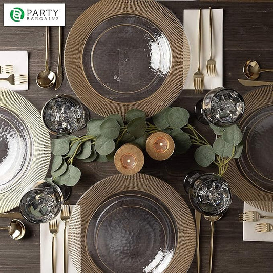 PARTY BARGAINS 13-Inch Charger Plates - 4 Pack, Clear Gold Textured Rim, Heavy-Duty Disposable Chargers for Elegant Dining - Ideal for Weddings and Formal Events