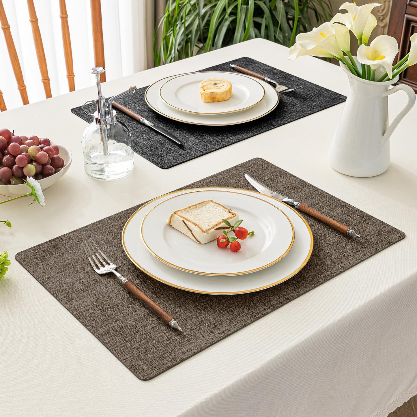 Romanstile Reversible Vinyl Placemats Set of 8, Faux Leather 100% Waterproof Oil-Proof Wipeable Place Mats, Heat Resistant Dual Sided Table Mats for Kitchen/Dining/Party (Grey Brown, 12 x 17 Inch)