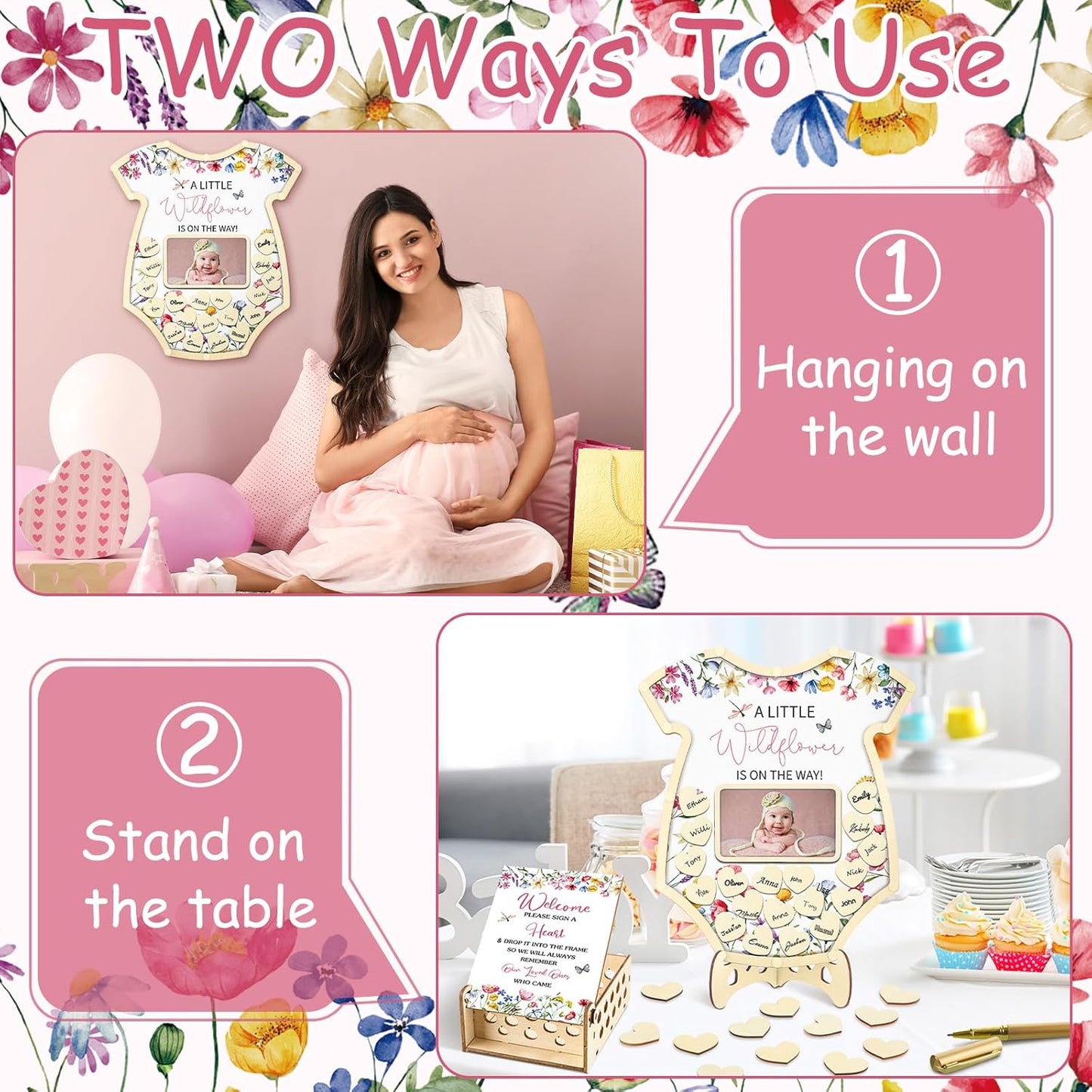 Wenqik 63 Pcs Wildflower Baby Shower Guest Book Alternatives Set Baby Shower Decorations with Photo Frame Sonogram Frame Keepsake 60 Wood Slices Guest Book for Birthday