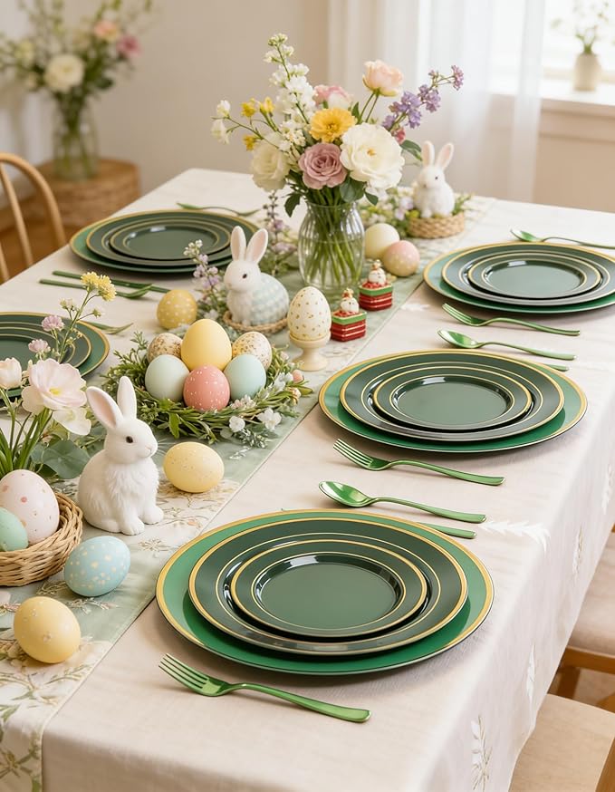 WDF 25PCS Green Plastic Charger Plates - 12inch Green and Gold Chargers for Dinner - Disposable Charge Plates - Perfect for Party Elegant Tabletop Decor St. Patrick's Day Easter