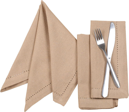 Lightnpro Cloth Dinner Napkins Set of 12 - Hemstitched Dinner Cloth Napkins, Washable and Reusable Natural Flax Napkins for Dining, Parties, Weddings, Holiday & Everyday Use - 18x18 Inch Beige