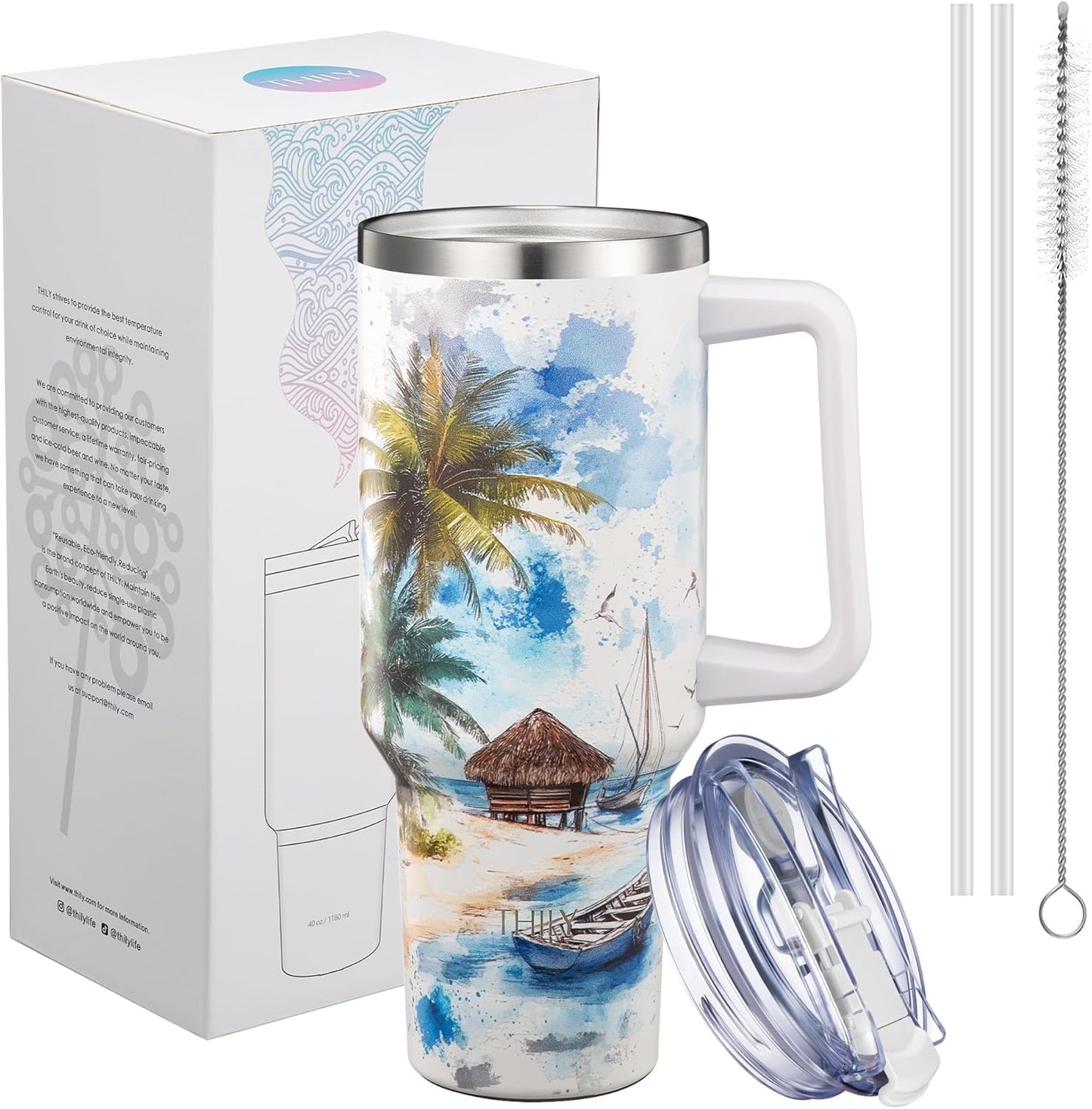 THILY 40 oz Stainless Steel Tumbler with Handle - Vacuum Insulated Travel Cup, Splash-Proof & Leakproof Lid, 2 Straws & Brush | Keeps Cold 34H/Hot 12H, Cupholder Friendly, Coastal Breeze