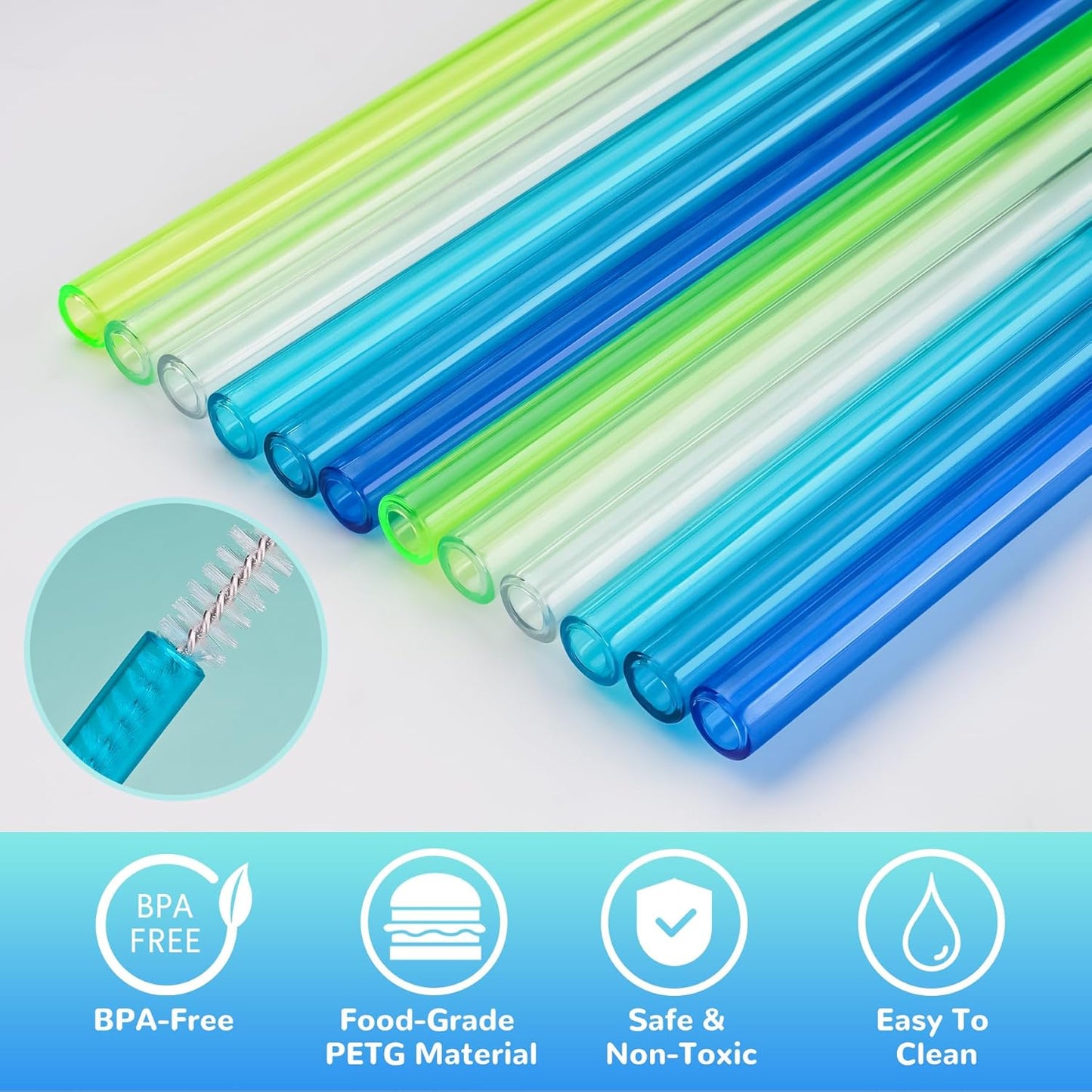 NiHome 12-Pack Plastic Reusable Drinking Straws for Stanley 40 oz 30oz 64 oz Tumbler, 6 Color 12 In Reusable Straws Fit for Stanley Cups w/ 2 Brushes, BPA-Free for Cold & Hot Beverages (Gradient Blue)