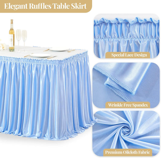 Wish Care 21ft Length Baby Blue Satin Table Skirt for Rectangle Tables Wrinkle Free Glitter Desk Skirts Pleated Ruffle Table Cloth for Baby Shower Gender Reveal Birthday Shark Theme Party Table Decor