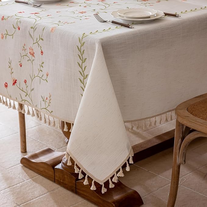 Joyfol Day Linen Waterproof Tablecloth with Tassels, Rustic Farmhouse Flowers Embroidery Table Cloths for Rectangle Tables, Heavy Weight Spill-Proof Table Covers, Pink Florals, 55''x 102''