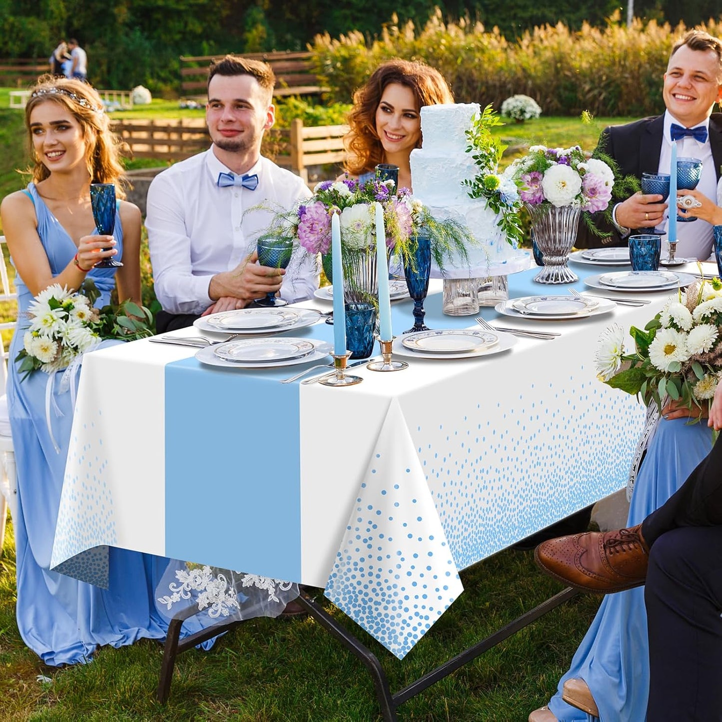 MASHAN 3Pcs White and Light Blue Tablecloth Party Decorations,Plastic White Table Cloth Printed Baby Blue Table Runner Disposable Rectangle Cover for Birthday Baby Shower Wedding Party,54 x108 Inch