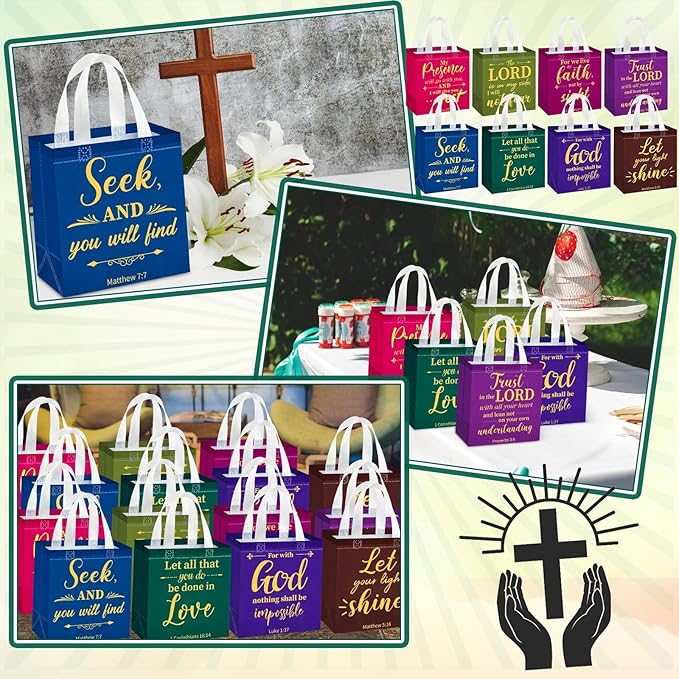 HunnmingRe 16 Pcs Christian Gift Bags Bulk, Easter Reusable Religious Bible Verse Tote with Handles Non Woven Scripture Pastor Blessing Gift for Baptism Church Wedding Favors