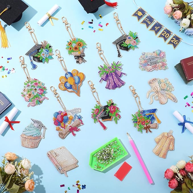 Huquary 24 Pcs Graduation Diamond Art Keychain Kits 5D DIY Graduation Diamond Art Ornaments Class of 2026 Congrats Grad Crafts for Grad Party Favors Decorations Backpack Charms Accessories