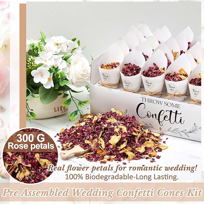 Wedding Confetti Cones Sets with 300g (10.58 Oz) Biodegradable Dried Flowers White Petal - 60 Paper Cones, Tray & Stickers for Bridal Shower, Engagement Party, Baby Shower (60 Guests)