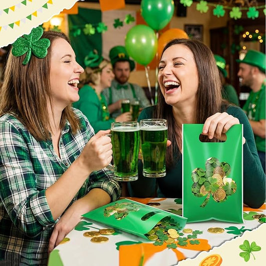 Supervitae 100 Pcs St. Patrick's Day Party Gift Bags Green Irish Shamrock Favor Bags Bulk with Window & Handles for Snacks Goodie Candy Treat Ireland Party Supplies