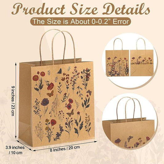 Kolldenn 24 Pcs Vintage Floral Wildflower Gift Bags Flower Kraft Paper Printed Candy Goodie Bags with Handles for Spring Party Supplies Wedding Baby Shower Birthday 8 x 3.9 x 9 in, 6 Styles
