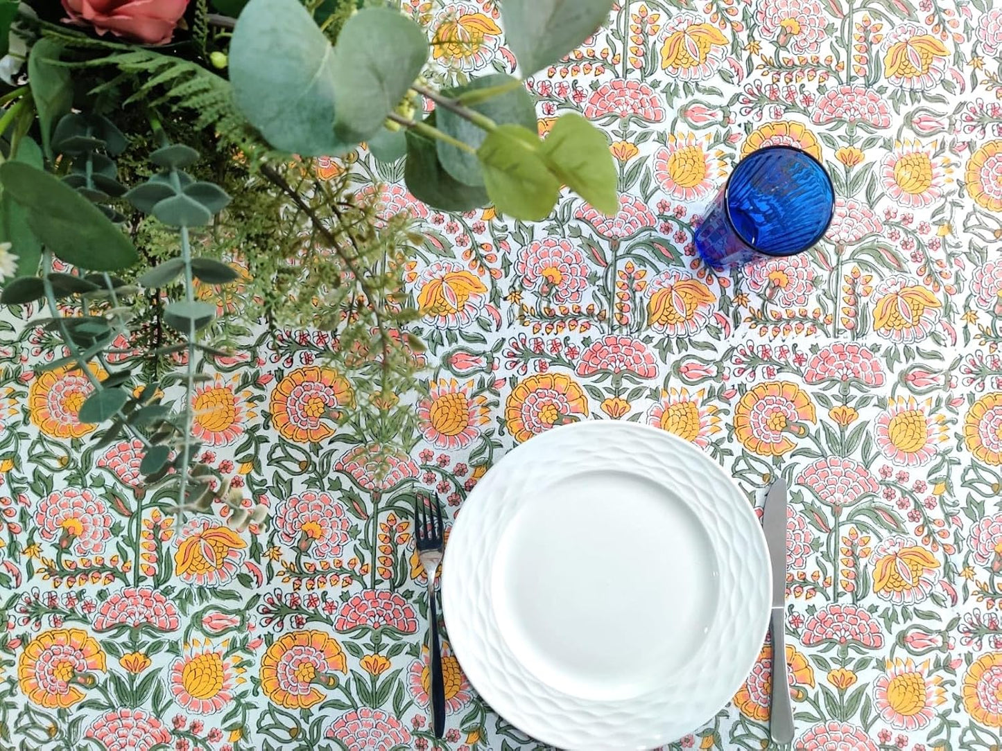 ATOSII Clover Yellow 100% Cotton Rectangle Fall Tablecloth, Handblock Floral Print Linen Table Cloth for Kitchen Dining I Parties, Outdoors, Christmas, Thanksgiving I 72 X 140 Inches I 12 Seater
