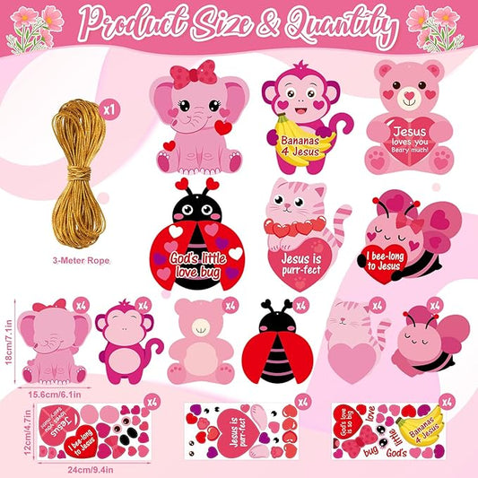 Yewfold 24Pcs Valentine's Day Religious Animal Craft Kit, Valentines Heart Jesus Sticker Crafts Make Your Own Christian Church Arts, DIY Home Sunday Project Activities
