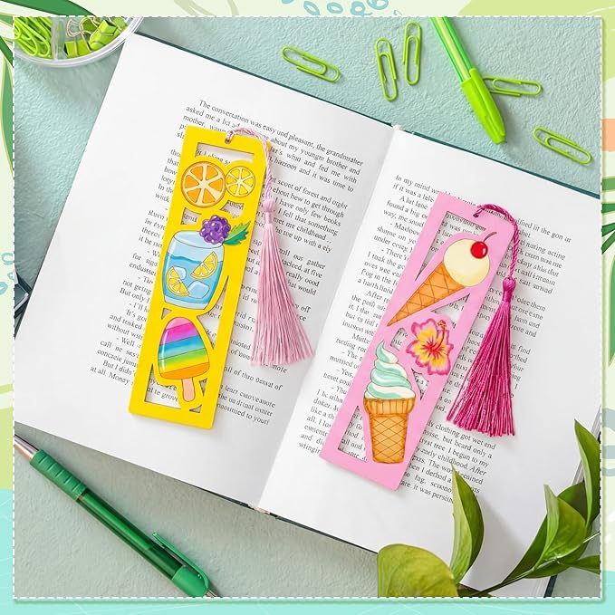 Yexiya 100 Pcs Bulk Summer Ice Cream DIY Bookmarks Kit - 50 Set Unfinished Wood Crafts with Tassels for Classroom Rewards, Student End of Year Gifts, Summer Camp & Luau Party Favors