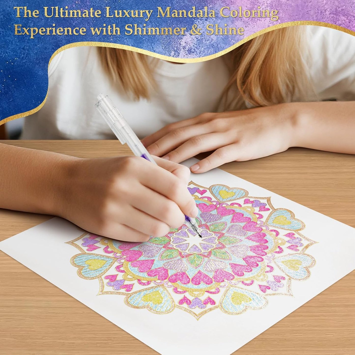 Adult Coloring Book for Women Relaxation, Gold Foil Mandala Coloring Book Set with 24 Colors Retractable Glitter Gel Pens, 12Pcs Premium Single-Sided Paper Portable Gift for Adults Includes Gift Bag