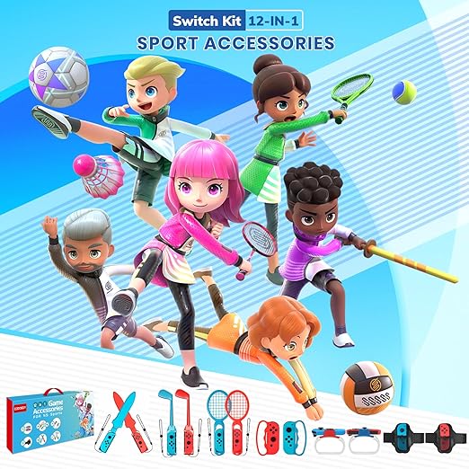 CODOGOY 12-in-1 Switch Sports Accessories Bundle for Switch 1/OLED - Complete Family Sports Kit with Storage Bag, Bowling Grips & 2 Player Support for Nintendo Switch Sports Games, Switch 1 Only