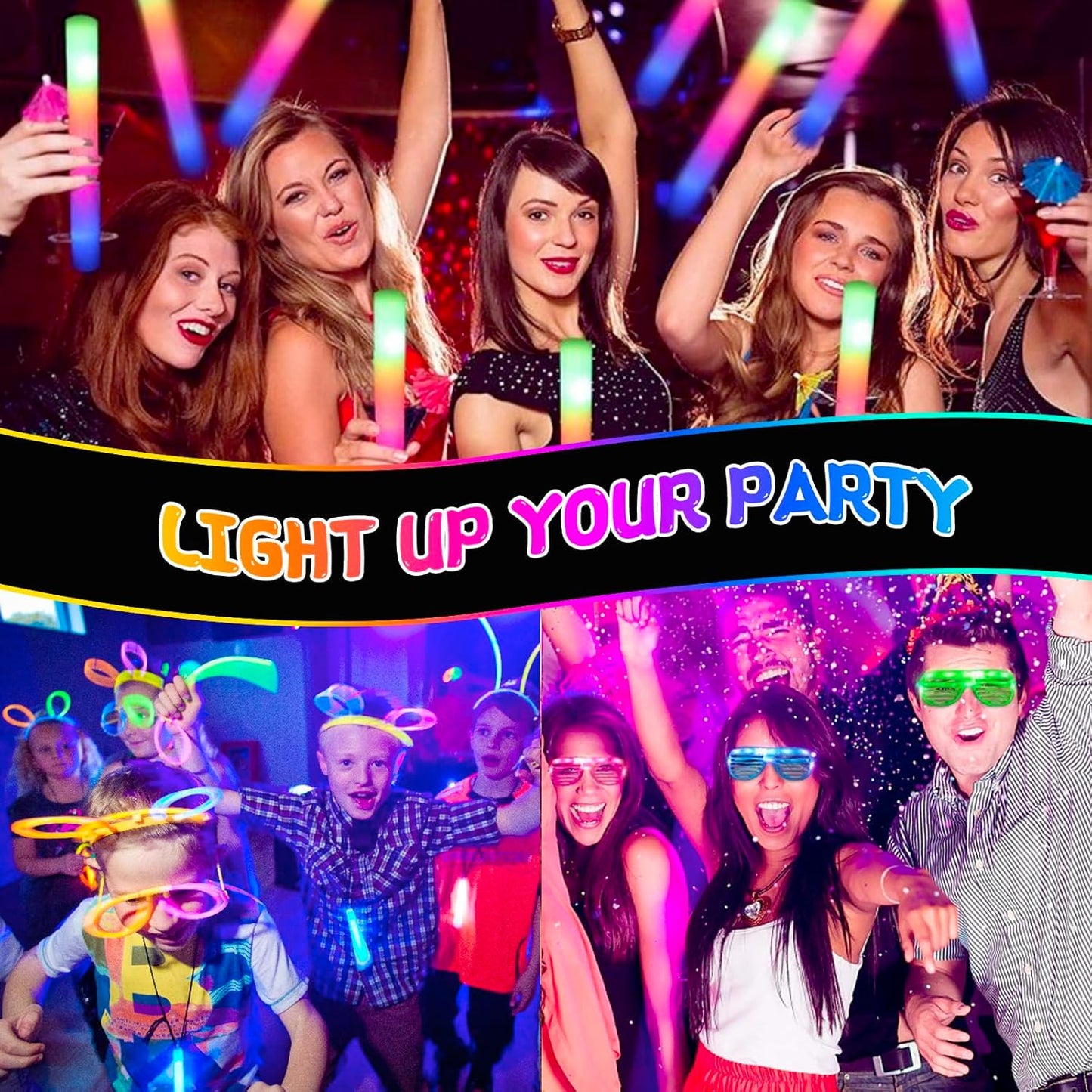 272PCS Glow in the Dark Party Supplies, Party Pack Bulk , 24PCS Foam Glow Sticks & LED Glasses, 24PCS LED Light Up Rings and 200PCS Glow Sticks for Neon Party Decorations, halloween party favors