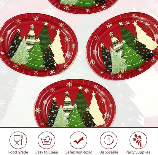 Grencian 50Pcs Christmas Oval Paper Plates 10" x 12" Large Disposable Heavy Duty Red Multiple Pine Trees Paper Platters Vintage Plate Tree Dessert Plates for Christmas Picnic Holiday Party Supplies