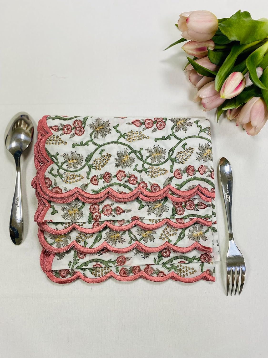 Ridhi Coral Pink Hand Block Print Napkins 18" x 18" Set of 4 Reusable Cotton Dinner Napkins for Weddings, Parties & Everyday Dining, Thanksgiving, Christmas, Fall