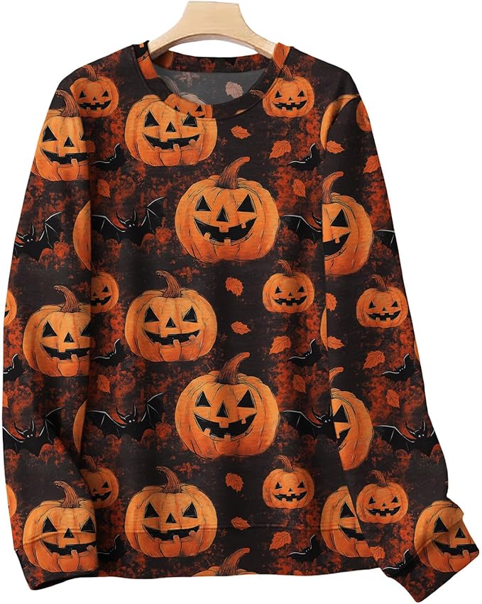 LIZALIG Pullover Cute Sweatshirt Orange Skeleton Fall Festive FunWomens Design Bat Holiday Party Outings Pumpkin Print