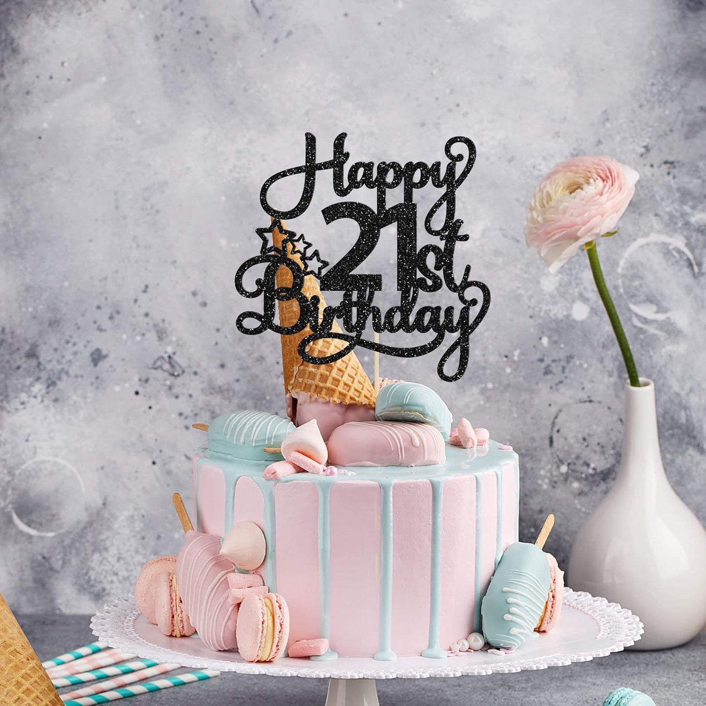 1 Pack Happy 21st Birthday Cake Topper Black Glitter 21 & Fabulous Cheers to 21 Years Old Birthday Cake Pick for Celebrating 21st Birthday Anniversary Party Cake Decorations Supplies