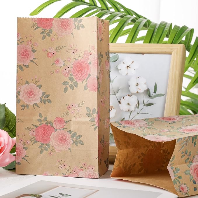 VGOODALL 24 Pack Party Favor Bags, 4.7x3.1x8.7 Inch Small Gift Bags with Stickers Floral Party Favor Treat for Birthday Baby Shower Wedding Gift Packaging Supplies