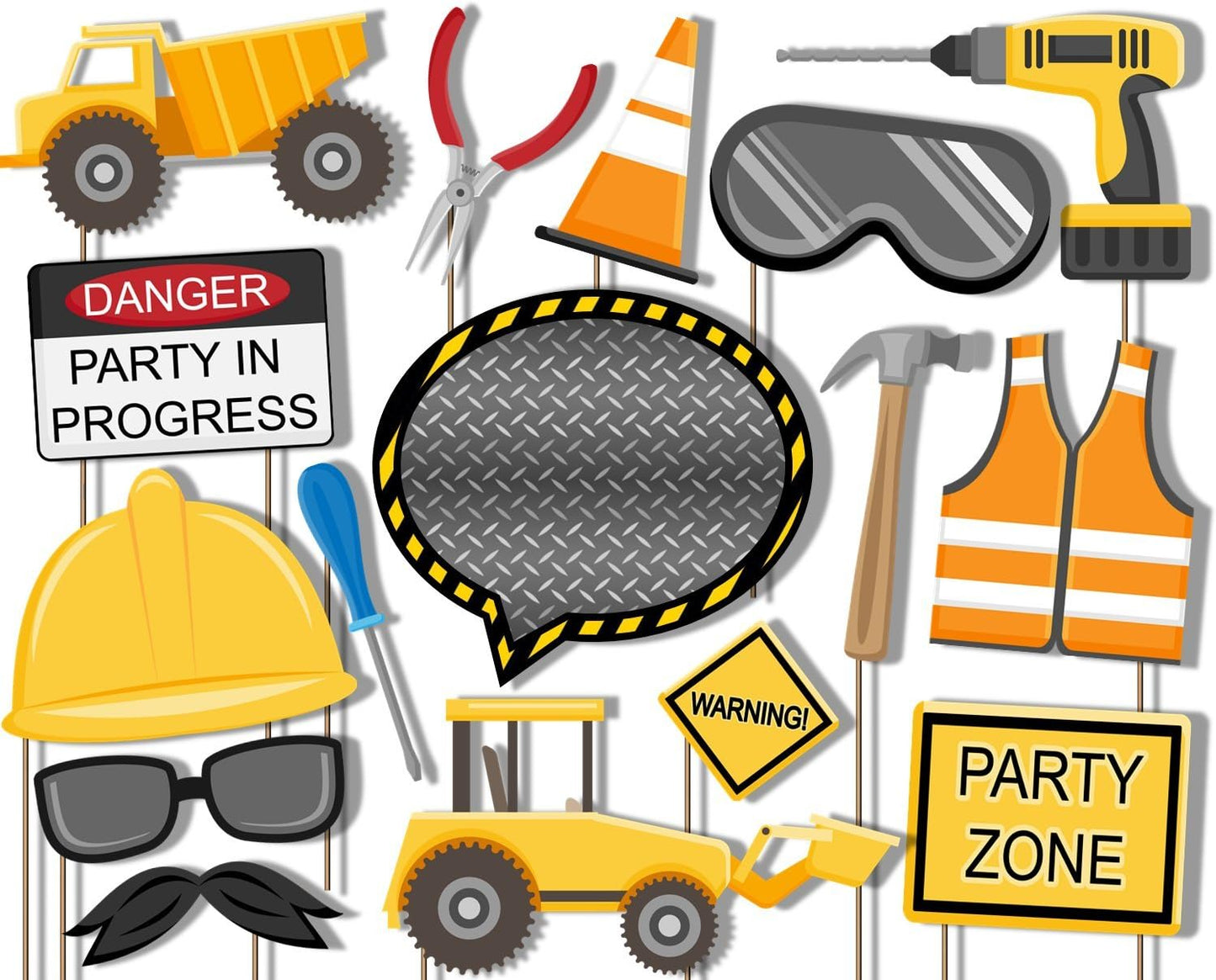 Birthday Galore Construction Trucks Photo Booth Props Kit – 20 Pack, A Fun Decorative Party Accessories with Fully Assembled Cutouts, Ideal for Birthdays, Fiesta Gathering, Showers and Event Displays.
