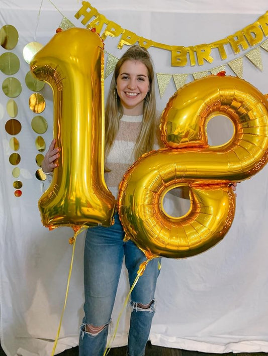 Gold Number 18 Balloon 40 inch, 18 Number Balloons, 18th Gold Birthday Decorations, 18 Year Old Girls Boys Golden Party Supplies