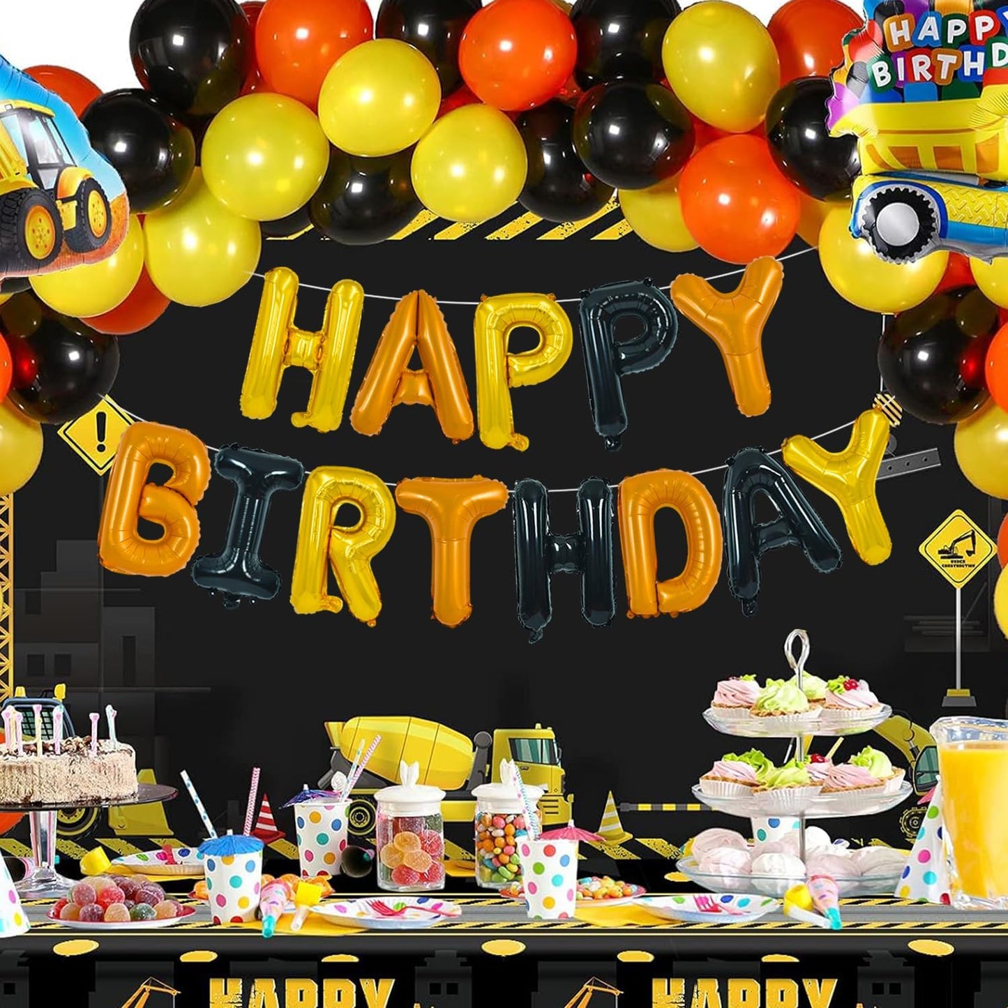 TONIFUL Happy Birthday Balloons Banner with Ribbon Straw,16 Inch Mylar Letters Birthday Sign Banner Balloon Bunting Reusable for Construction Birthday Party Supplies(Gold Orange Black)