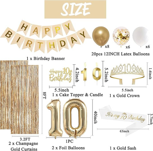 Trgowaul 10th Birthday Decorations for Girls, Banner, Sash and Crown, Cake Topper, 10 Number Balloon, Fringe Curtains, Champagne Gold 10th Birthday Party Supplies