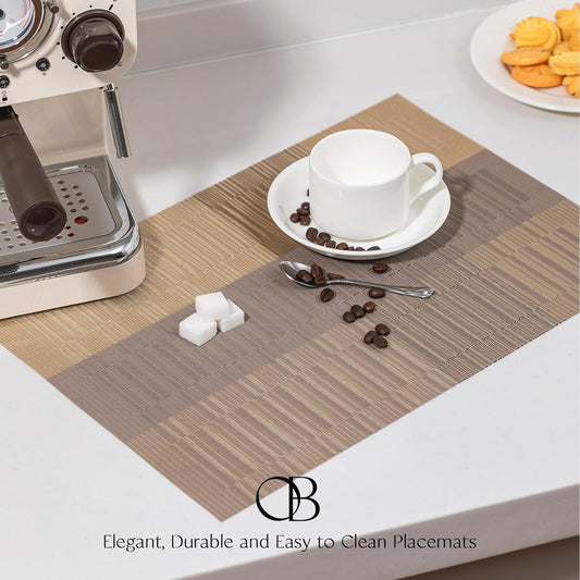 Placemats Set of 6 - Easy Clean Woven Vinyl Placemats for Dining Table, Indoor/Outdoor Place Mats, Washable PVC Table Mats (Gold Dune)