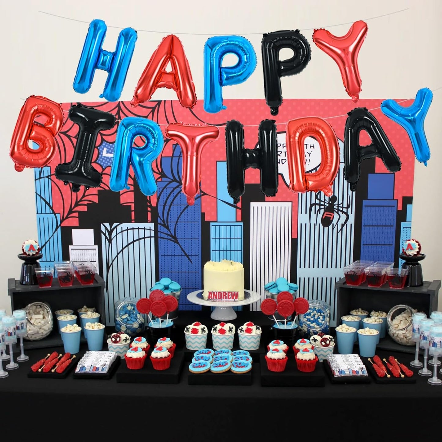 TONIFUL Happy Birthday Balloons with Ribbon Straw, 16 Inch Mylar Letters Birthday Sign Banner Bunting Reusable for Girls Boys Kids & Adults Party Decorations Supplies(Blue Red Black)