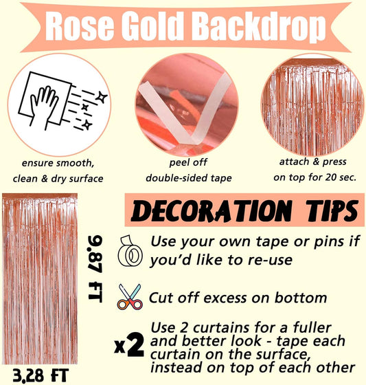 4 Pack Rose Gold Fringe Curtain Backdrop, 3.2Ft x 9.8Ft Metallic Tinsel Foil Fringe Streamers Background for Photo Booth Birthday Wedding Baby Shower Carnival Easter Mother’s Day Party Decorations